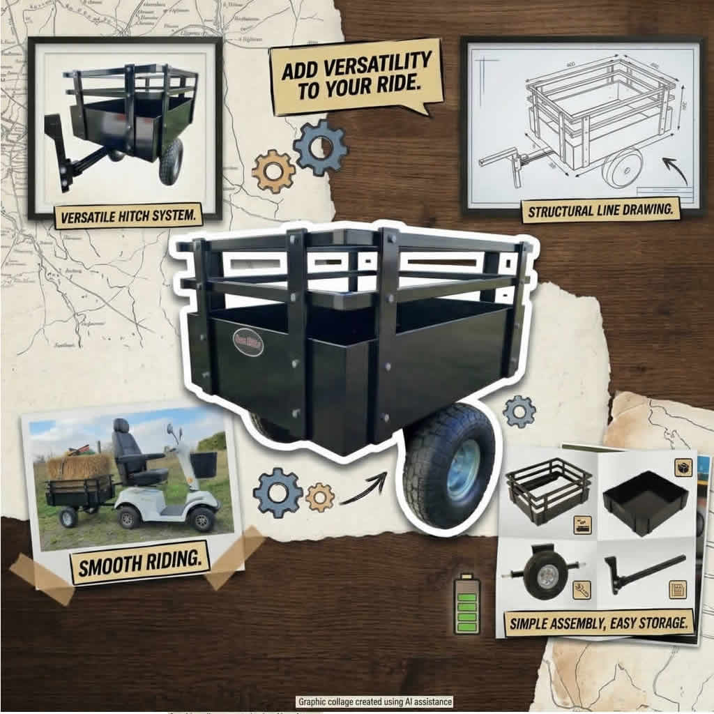 A custom-designed British mobility scooter trailer attached to the rear of a scooter for extra storage.