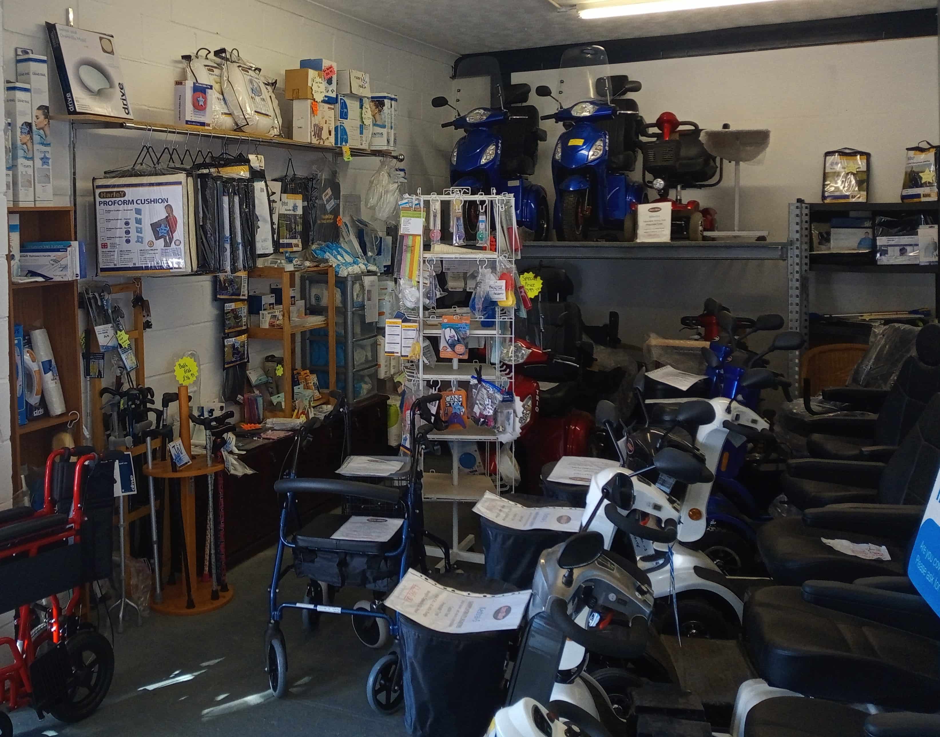Image of the Brandon Mobility showroom showing scooters and daily living aid products.